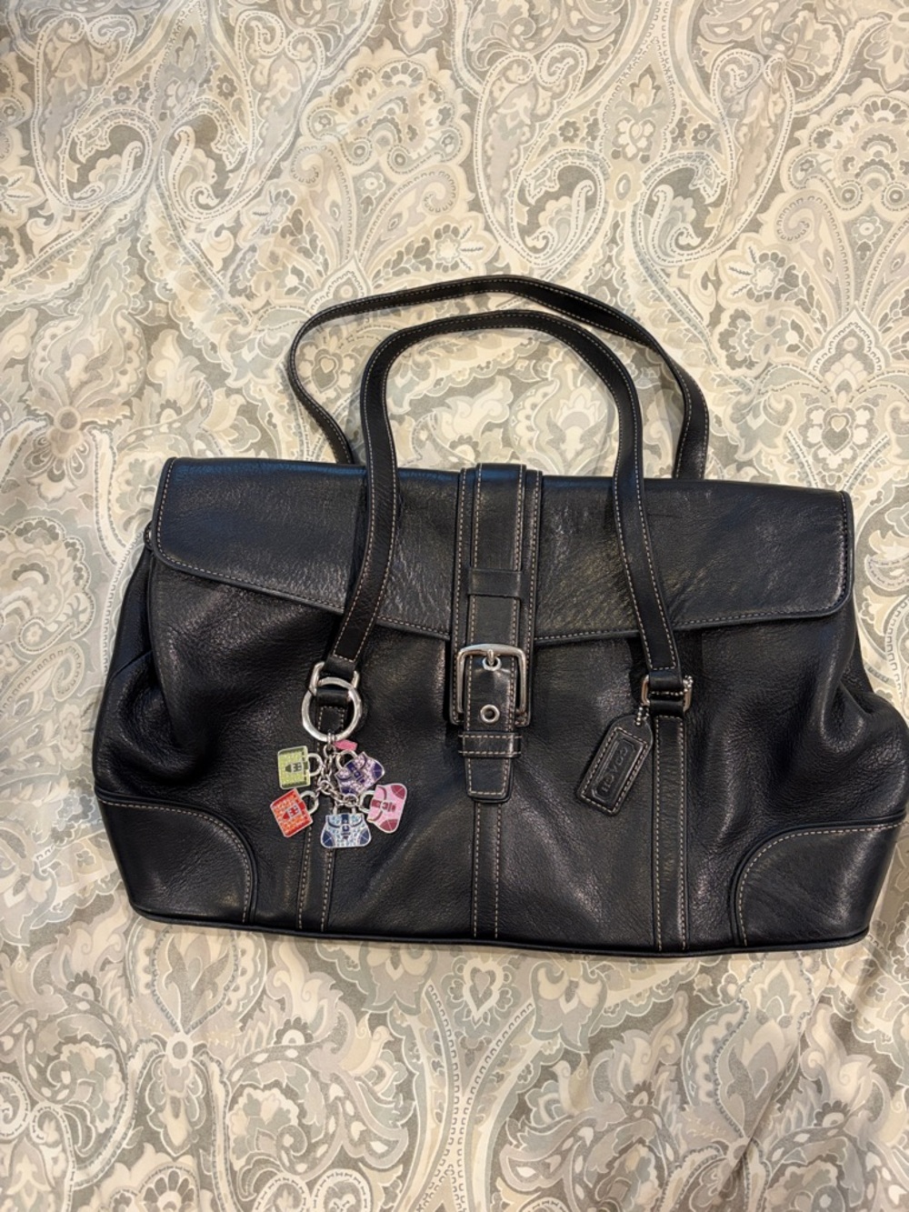Vintage Coach Black Leather Soho Flap Satchel Shoulder Bag Silver Buckle